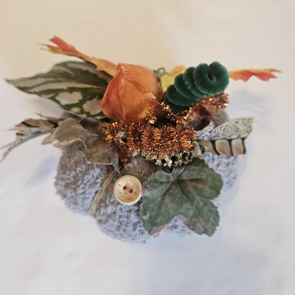 Hand Crafted Fabric Pumkins trio holiday decor harvest motif fall handmade art - Picture 13 of 16